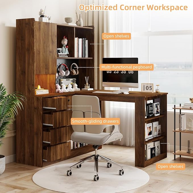 L Shaped Desk with Hutch and 4 Drawers Computer Desk with USB Ports Power Outlets &amp LED Light Wood Corner Computer Desks with Storage Shelves for Home Office Brown Right Long