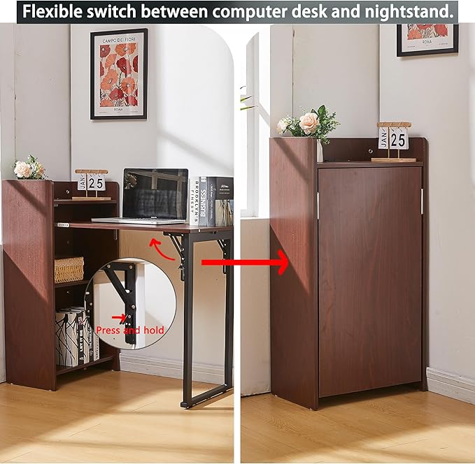 Fold Out Desk with Storage and Built-in Outlet Mid Century Foldable Desk for Small Spaces Hidden Folding Table for Home Office or Bedroom (Brown)