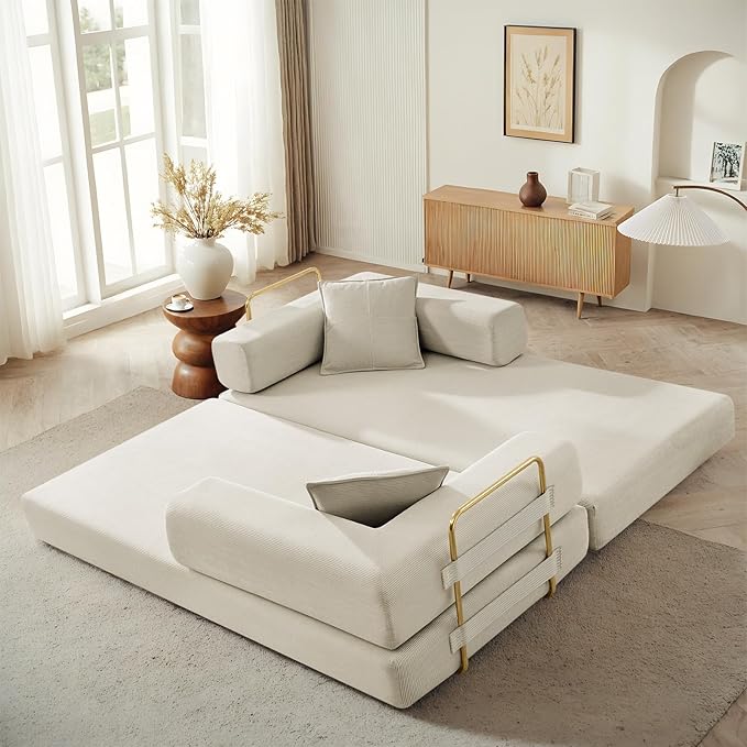 Folding Sofa Bed Convertible Corduroy Fabric Comfy Loveseat Sleeper Bed Modular Foam Compression Sofa Couch Floor Lazy Chaise Lounge for Guest Room Living Room Studio (Beige)