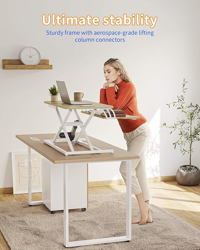 YIHAYO Electric Standing Desk Converter 32 inch Sit to Stand Up Height Adjustable Desk Riser Quick Sit to Stand Tabletop Dual Monitor Riser Workstation for Home Office with Keyboard Tray Natural