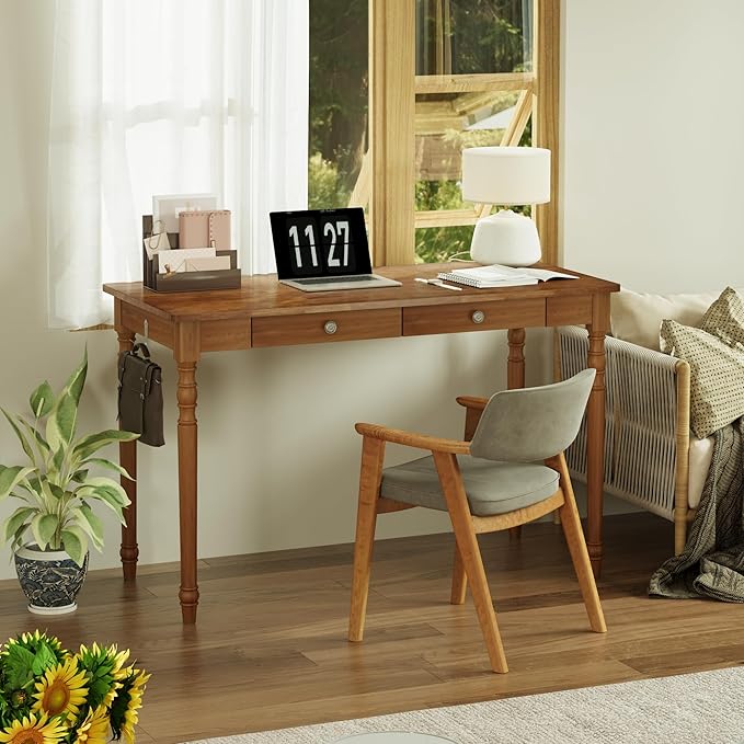 Solid Wood Desk with Drawers - 48 Inch Writing Desk with Drawers Mid Century Modern Desk with 2 Hooks Rubber Wood Study Table for Bedroom Living Room &amp Office Walnut Color