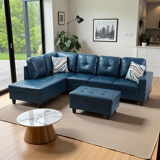 103.5 Oversized Sectional Couch L Shaped Couch with Storage Ottoman Modern Modular Sofa with Deep Seat Sectional Couches for Living Room and Office Peacock Blue (PU Leather)