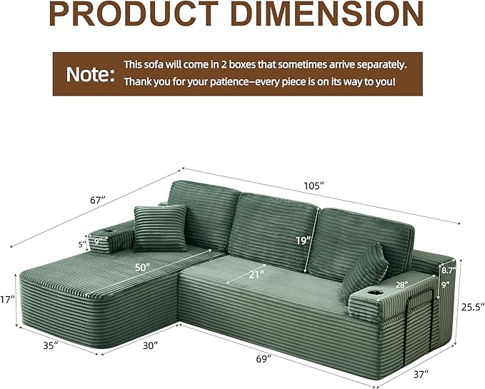 Cloud Sectional Couch with L-Shape ChaiseModern Minimalist Upholstered Couches with Deep SeatCorduroy Boneless Couches for Living Room Bedroom (Green 105 L-Shaped Left Chaise)