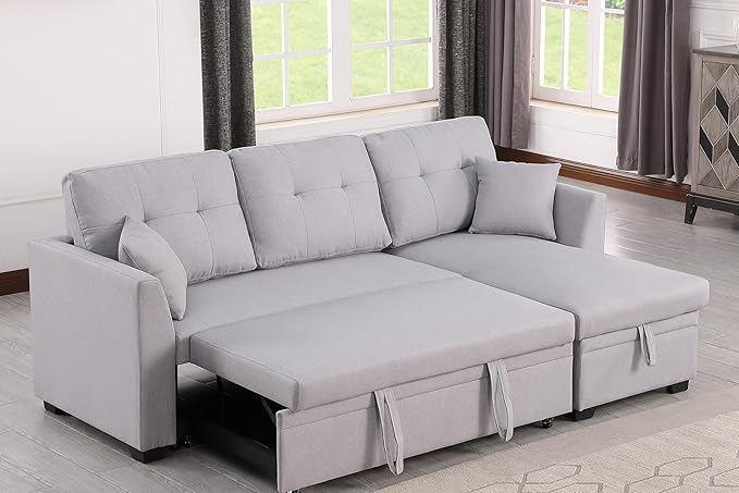83 L-Shaped Sleeper Sectional Sofa with Storage Chaise &amp Cup Holders – Pull-Out Convertible Bed 3-in-1 Space-Saving Design for Apartments Modern Linen Fabric Easy Assembly