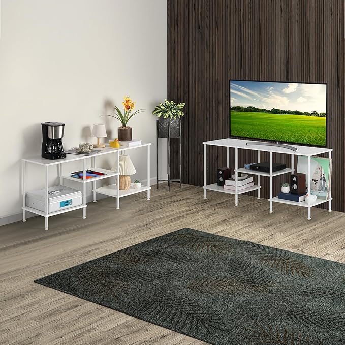 White TV Stand Bedroom with Power Outlets Small Entertainment Center Stand with Open Storage Shelves for TVs up to 50 Inch Wood TV Media Console Table with for Living Room Bedroom