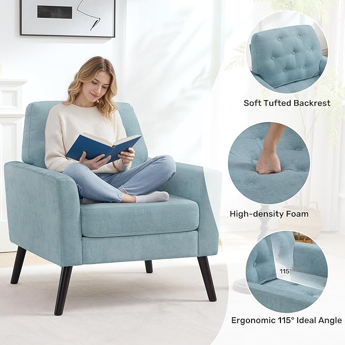 Accent Chair for Living Room Mid Century Modern Reading Chair Upholstered Armchair with Tufted Back &amp Wood Legs Single Sofa Side Chair for Bedroom Small Room Office Apartment Teal Green