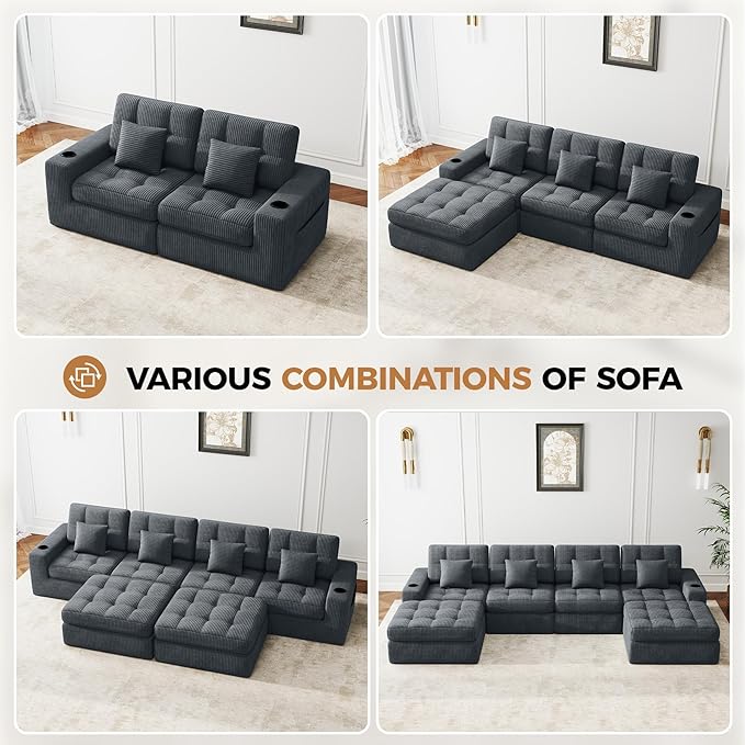 144 U Shaped Cloud Boneless CouchModern Modular Sectional Sofa with Layered CushionNo Assembly Convertible Corduroy Couches for Living RoomGrey 1 PCS
