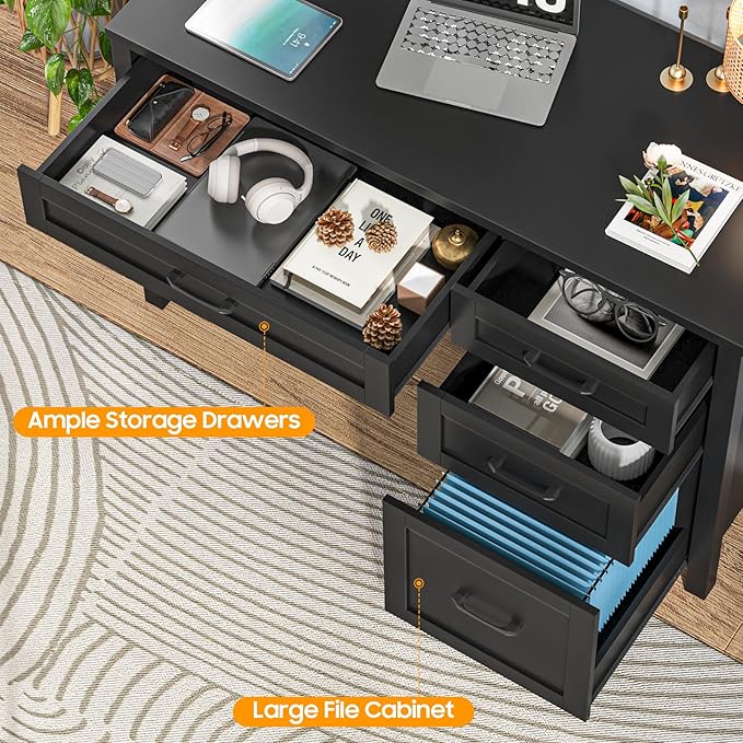 Farmhouse 47 Executive Desk with File Drawer Wood Computer Desk with 3 Storage Drawers Workstation for Home Office Study Writing(Pure Black)