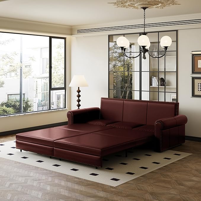 KEIKI 94 Chesterfield Sofa with Pull-Out King Sleeper Bed 3-in-1 Convertible Faux Leather Sofa Bed Rolled Arm Upholstered Couch for Living Room Bedroom Office Burgundy