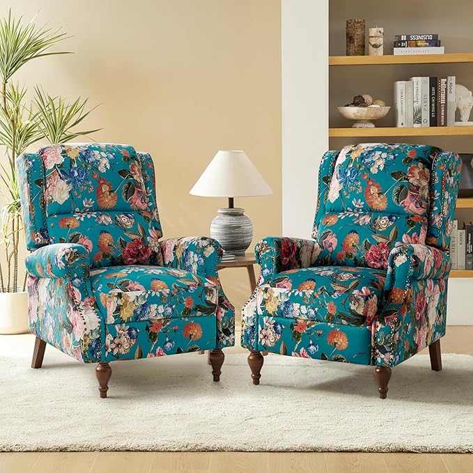 Pushback Recliner Chair Upholstered Floral Fabric Wingback Chair Single Sofa Accent Chair with Wood Legs and Rivet Decoration for Living Room Bedroom Peacock