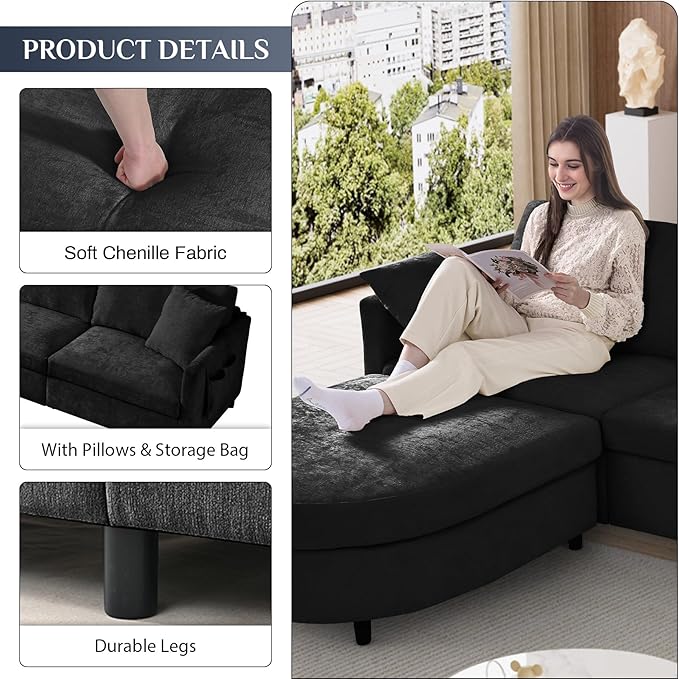 L Shaped Sectional Sofa Couch 106.7 Comfy Chenille 4 Seat Deep Seat Sofa Set with 2 Pillows &amp Convertible Ottoman Modern Modular Cloud Couch for Living Room Office Apartment Black