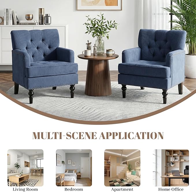 Tufted Corduroy Armchair with Nailhead TrimMid Century Modern Fabric Upholstered Accent Side Chair for Living Room Bedroom26.4 Arm Chair with Solid Wood LegsReading Club Chair (1 Blue)