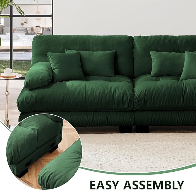 94.4 L-Shape Modular Cloud Sectional Sofa with Chenille Plush Fabric - 2 Seater Couch with Deep Seat and Movable Ottoman for Living Room Apartment and Office - Green