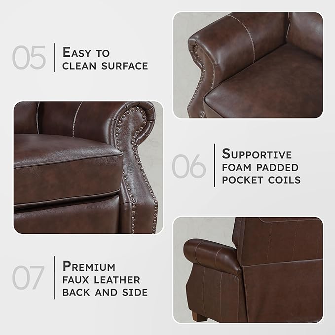 Lexicon Push Back Reclining Chair Top Grain Leather Match Push Back Recliner Chair with Nailhead Trim Rolled Arms Solid Wood Legs for Living Room/Apartment/Office Easy Assembly Brown
