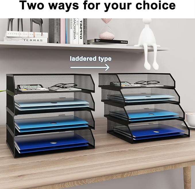 Natwind 4-Tier Stackable Paper Tray Metal Mesh Desktop Organizer A4 Paper Sorter Letter TraysFile Folder Sorter Organizer with Sliding Tray for Home Office School (Black)