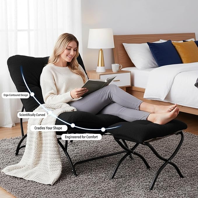 Tiita Accent Lazy Chair with Ottoman Comfy Lounge Chair with Metal Frame and Plush Fabric Thick Cushion Seated Cozy Recliner Chair for Reading Room Living Room Bedroom Office Black