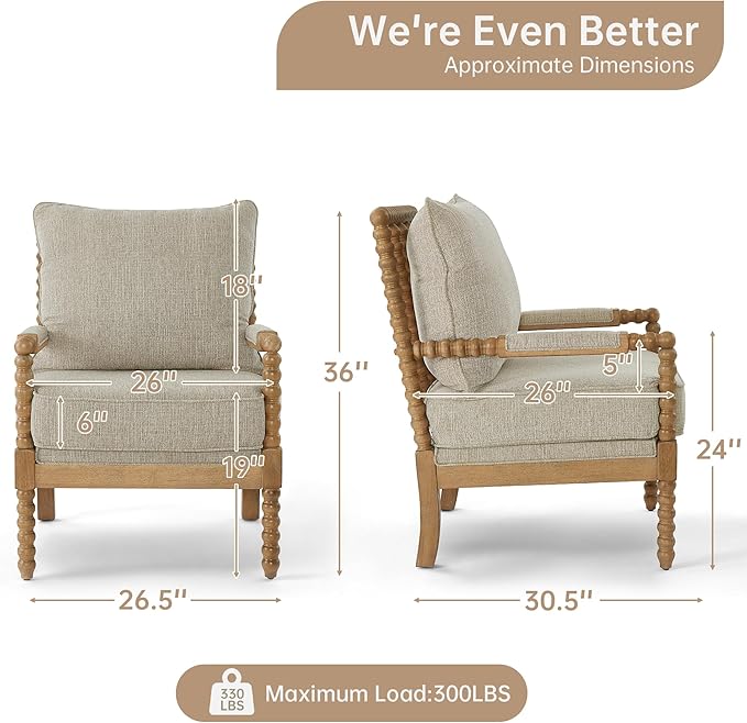 Morden Fort Linen Fabric Spindle Accent Chair with Wood Frame French Style Accent Chairs with Padded Spring Seat and Armrest Pads Brushed Base for Living Room Bedroom Farmhouse Office Balcony(Beige)