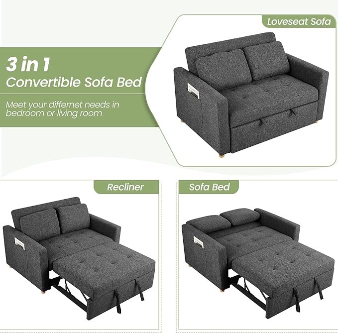 SEJOV Sleeper Sofa 3-in-1 Convertible Pull Out Couch Bed Futon Sofa Linen Fabric Loveseat with 2 Pillows and Adjustable Backrest Chaise Lounge for Small Spaces Apartment Dorm Office Black