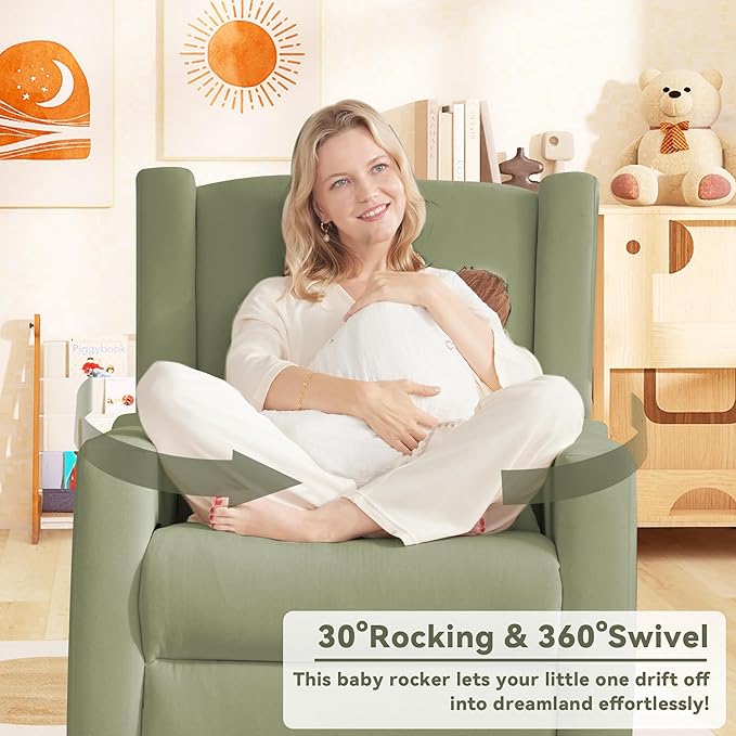 Tbfit 360° Swivel Recliner ChairNursery Rocking Chair with Lumbar Support for Bedroom Comfy Upholstered Armchair with Pillows &amp Footrest for Living Room (Hidden Ring Handle Green)