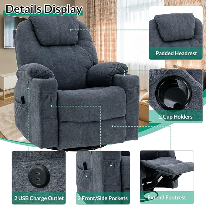 VIVIJASON Manual Massage Rocker Recliner Chair 360° Swivel Glider Lounge Chair with Heat Ergonomic Home Theater Recliner Sofa with 2 Cup Holders Side Pockets &amp USB Ports for Living Room Bluish