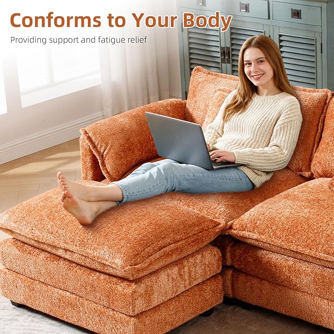 GNIXUU 112 Orange Cloud sectional Couch Modern Chenille L Shaped Couches for Living Room Comfy 4 seat Modular Sofa with Moveable Ottoman &amp Memory Foam