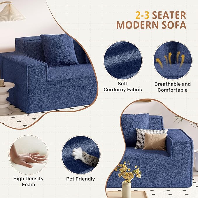 75'' Cloud Loveseat Sofa No Assembly Required Comfy Deep Seat Teddy Couches 1 pcs for Living Room Bedroom Apartment(Teddy Fabric-Blue)