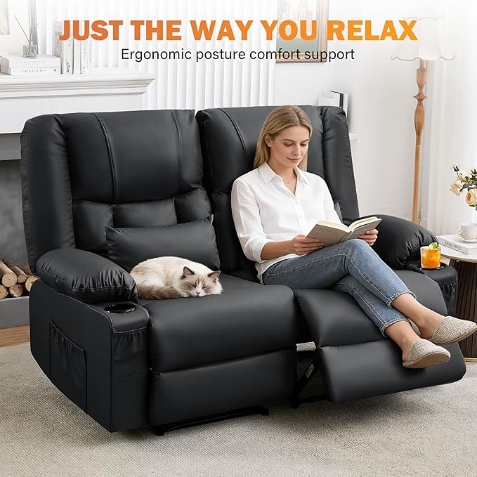 Black Leather Reclining Loveseat with Massage/Heat/Pillow/USB/Cup Holders Oversized Loveseat Recliner for Living Room Manual Reclining Sofa for Adults 700 Lbs Capacity (Black)