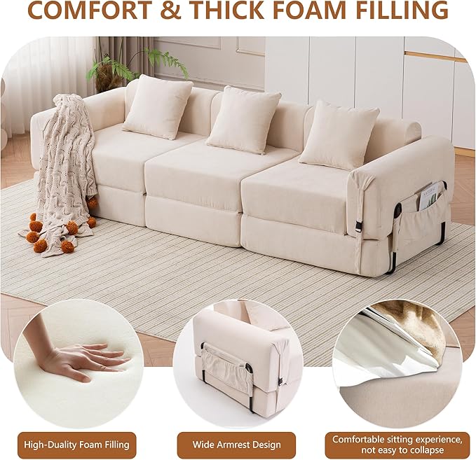 Oversized Cloud Modular Sectional Couch 3-in-1 Modular Floor Sofa with Deep Seat 3-Seater Folding Sofa Bed with 3 Pillows Large Sectional Couches for Living Room No Assembly Required Beige