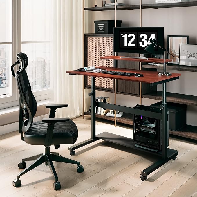 It's_Organized Height Adjustable Portable Computer Desk41''Rolling Laptop Desk Mobile Standing Desk with Monitor Shelf &amp HutchTeak