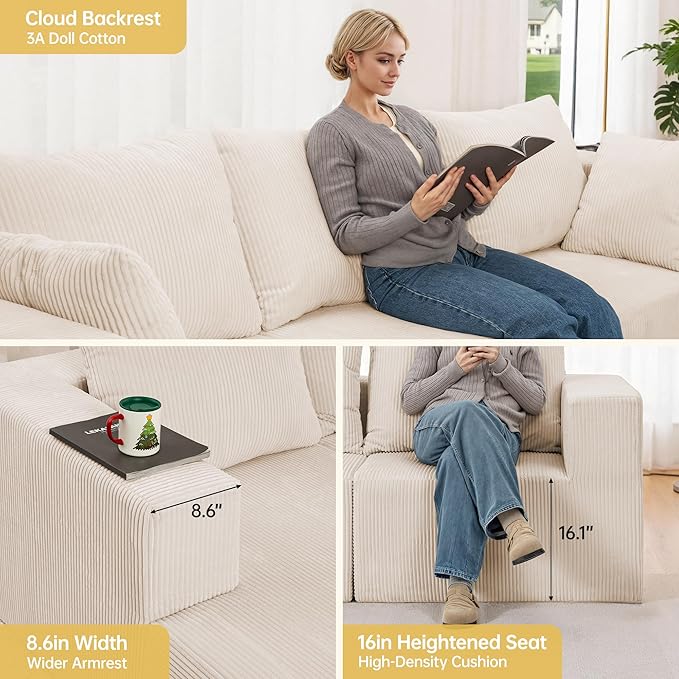 Modular Sectional Sofa Cloud Sectional Couch with L-Shape Chaise Modular Sofa with Deep Seat Upholstered Couches Boneless Sofa for Living Room Black(Left Facing Chaise3PCS)