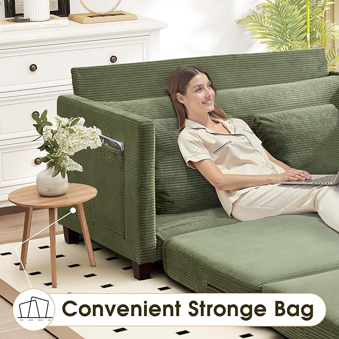65 Convertible Loveseat Sofa Bed 2-in-1 Folding Sofa Bed with 2 Pillow for Small Spaces Modern Loveseat Sleeper Couch for Apartment Living Room &amp Guest Room (Green Corduroy 65 inch)