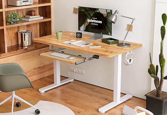 BANTI 48 x 24 Height Adjustable Electric Standing Desk with Keyboard Tray Sit Stand up Desk with Splice Board White Frame/Light Rustic Brown Top