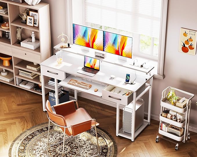 ODK Computer Desk with Drawers 55 Inch Office Desk with Power Outlet and Keyboard Tray &amp Storage Shelves &amp PC Stand Office Table Work Desk with Monitor Stand White