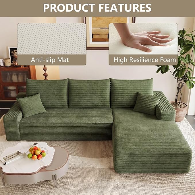 95 Modular Sectional Sofa Cloud Sectional Couch with Deep Seat Corduroy Boneless Couch with L-Shape Sofa for Living Room No Assembly Required(Green Right Facing Chaise)