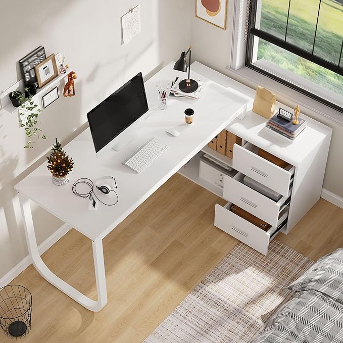 White Large L Shaped Office Computer Desk with Drawers Reversible Long Corner Gaming Work Study Desk Table with Adjustable Shelves &amp Storage Drawers for Home Office Bedroom