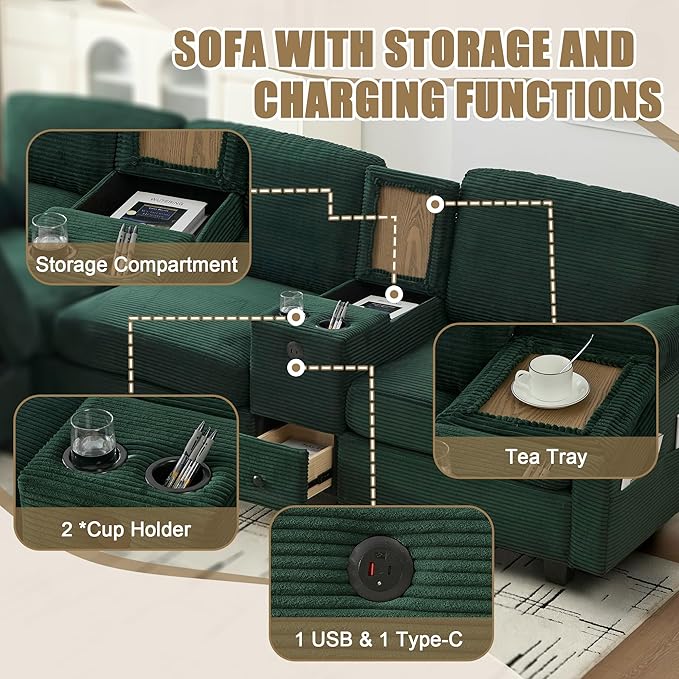 KEIKI 105 L-Shaped Oversized Corduroy Modular Sectional Sofa with 1 Ottoman and Multi Functional Console 4-Seater Upholstered Couch with USB and 2 Cup Holder Easy Assembly for Living Room Emerald