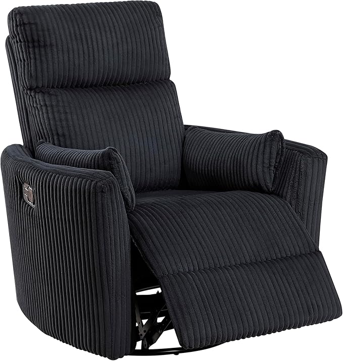 Lexicon Modern Swivel Glider Recliner Chair Nursery Glider Corduroy Fabric Upholstery Recliner with 2 Lumbar Pillows Manual Reclining Sofa Chair for Living Room/Office/Apartment Black