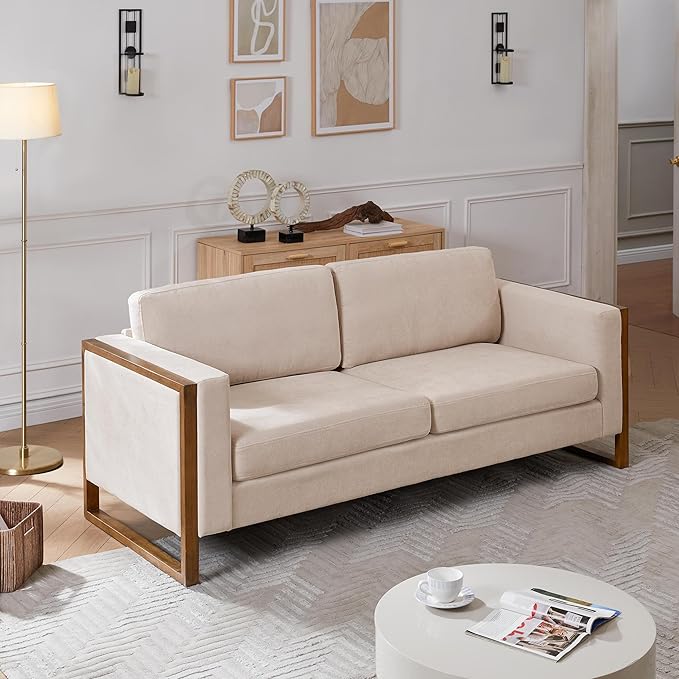 Merax 79 Loveseat Sofa Modern Sofa with Solid Wood Legs Elegant Comfortable Spacious 2-Seater Sofa Couch for Living Rooms Bedrooms Apartment Office (Taupe Brown Frame)