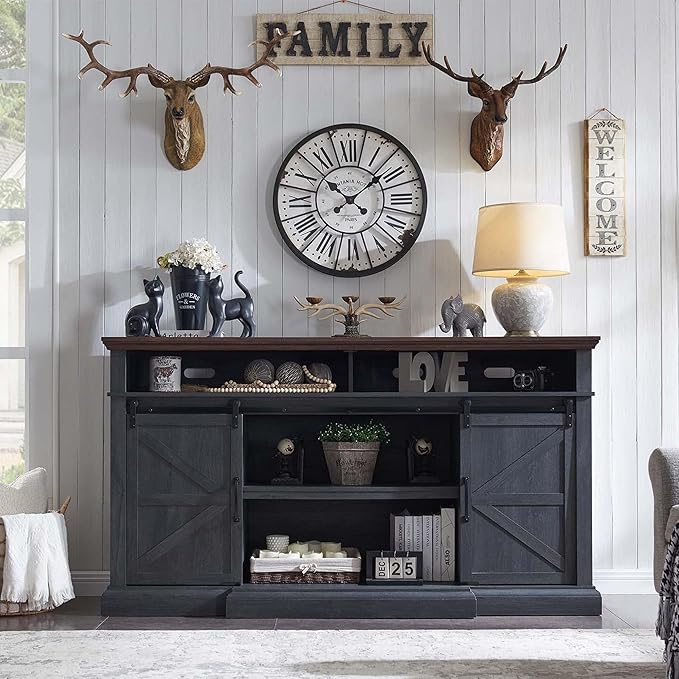 Farmhouse TV Stand for 80 Inch TVs 37.4Tall Entertainment Center w/Storage Cabinets and Sliding Barn Door Media Console Cabinet w/Soundbar &amp Adjustable Shelves for Living Room 70 inch (Dark Gr