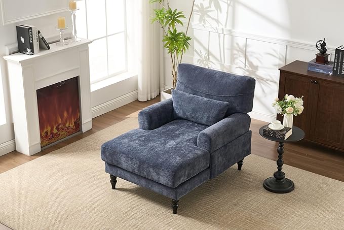 51'' Chaise Lounge Chair Indoor Accent Upholstered Reading Side Armchair Comfy Leisure Sleeper Sofa Chair Chenille Recliner Arm Chairs for Living Room &amp Bedroom Easy Assembly (Blue) | Modern