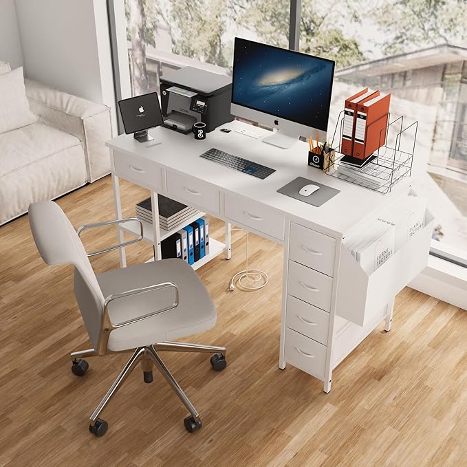 47 Computer Desk with Power OutletWriting DeskHome Office DeskVanity Table with 7 Fabric Drawers Large Side PocketWhite