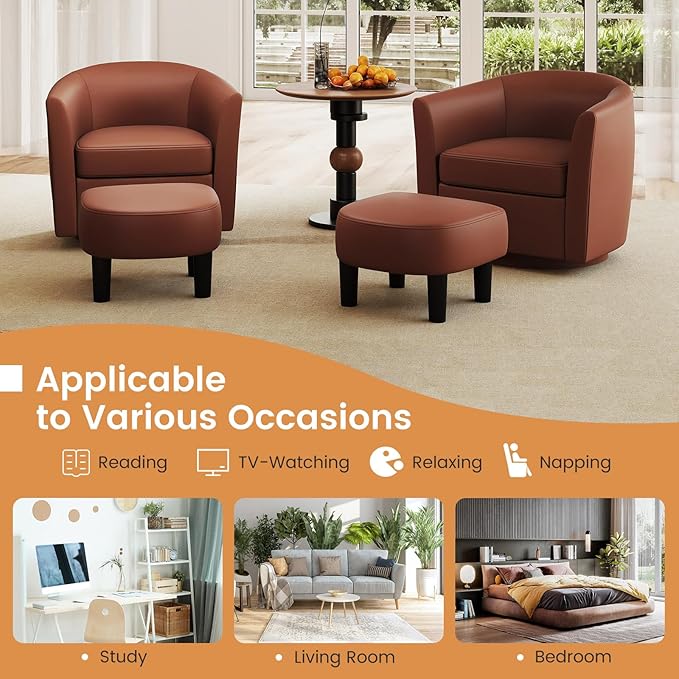 GOFLAME Swivel Barrel Chair with Ottoman Modern Faux Leather Accent Chair with Footrest Curved Backrest Removable Seat Cushion Upholstered Club Tub Sofa Chair for Bedroom Living Room Brown