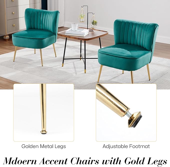 Velvet Accent Chair Set of 4 Comfy Upholstered Side Chair with Gold Metal Legs and Padded Seat Modern Small Corner Armless Living Room Chairs with Wing Back Dark Green