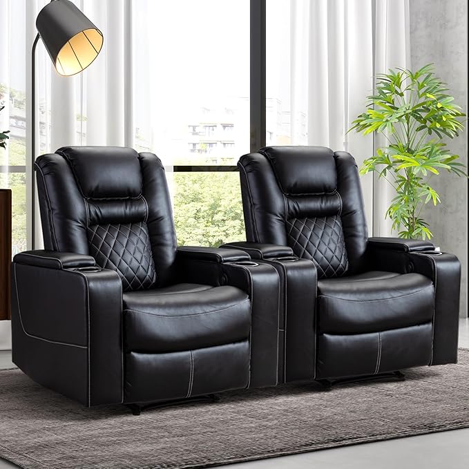 CANMOV Electric Power Recliner Chair Set of 2 Breathable Leather Home Theater Seating with Hidden Arm Storage Power Recliner Chair for Living Room with USB Ports and Cup HoldersBlack
