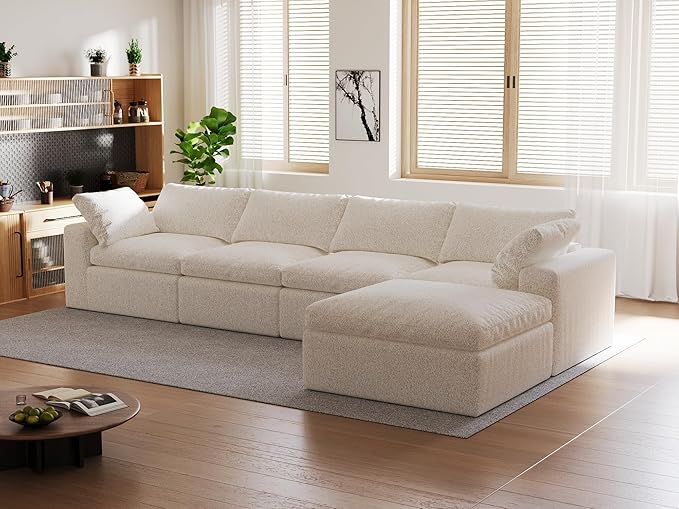 140’’ Oversized Boneless Couch for Living Room Cloud Couch Modular Sectional Free Combination with Ottoman Washable Cushion Cover No Assembly Required White (4-Seat + 1 Ottoman)