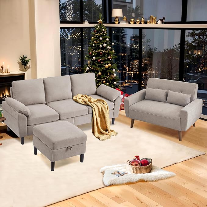 Convertible Sectional Sofa Modern 3 Seater Sofa and Loveseat Set with Storage Ottoman L Shaped Couch with Reversible Chaise 2 Piece Sofa Set for Living Room Apartment Beige