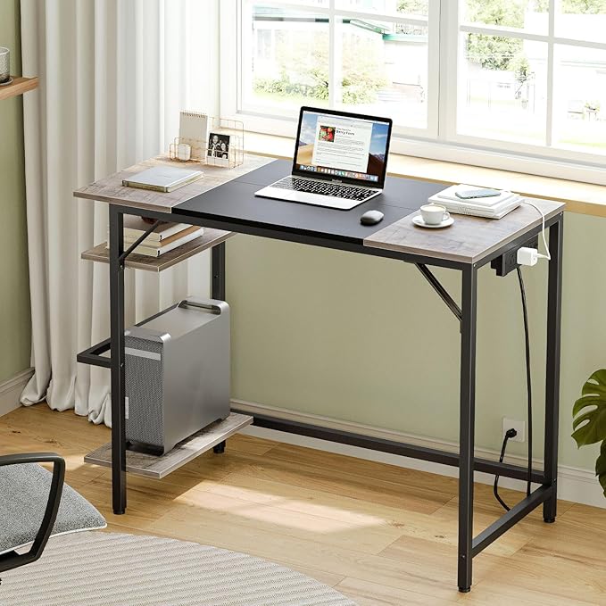 HOOBRO Computer Desk Home Office Desk with Power Outlet Writing Desk with 2 Shelves Modern Small Desk for Home Office Study Easy to Assemble Charcoal Gray and Black BG43UDN01