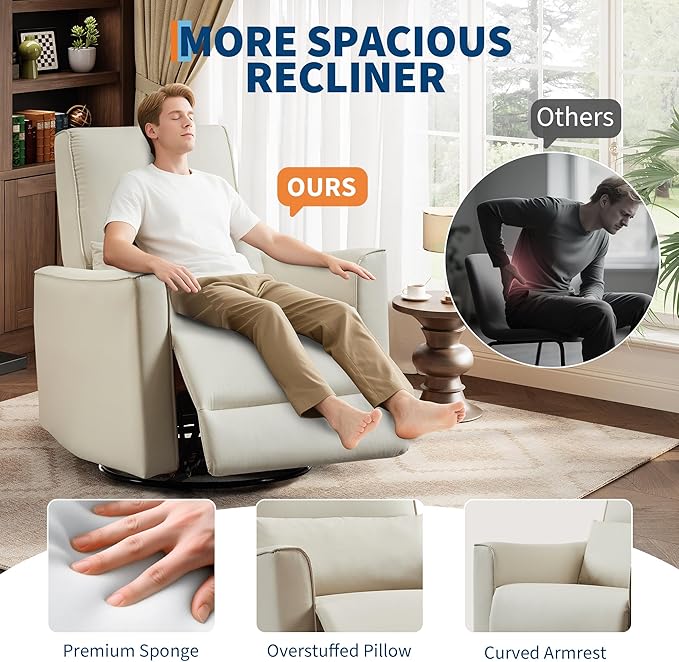 IDEALHOUSE Swivel Rocking Nursery Recliner Chair Rocker Recliner Glider Deep Seat PU Leather Sofa Chair with high Backrest for Nursery Living Room Bedroom &amp Home Movie Theater (Beige)