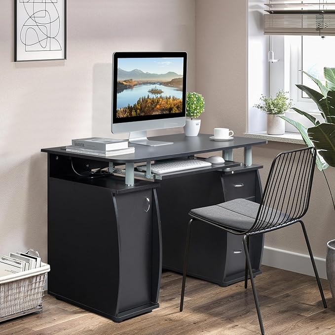 JHshop Black Writing Home Office Workstation Office Desk with Drawers Computer Desk with 3 Drawers Home Office Desks with Filing Cabinet Modern Writing Table PC Desks 115 x 55 x 74CM