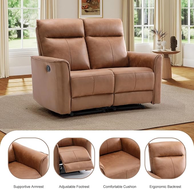 EBELLO Faux Leather Manual Loveseat Recliner 2 Seat Reclining Sofa Chair Dual Recliner Couch for Living Room Meeting Room Brown